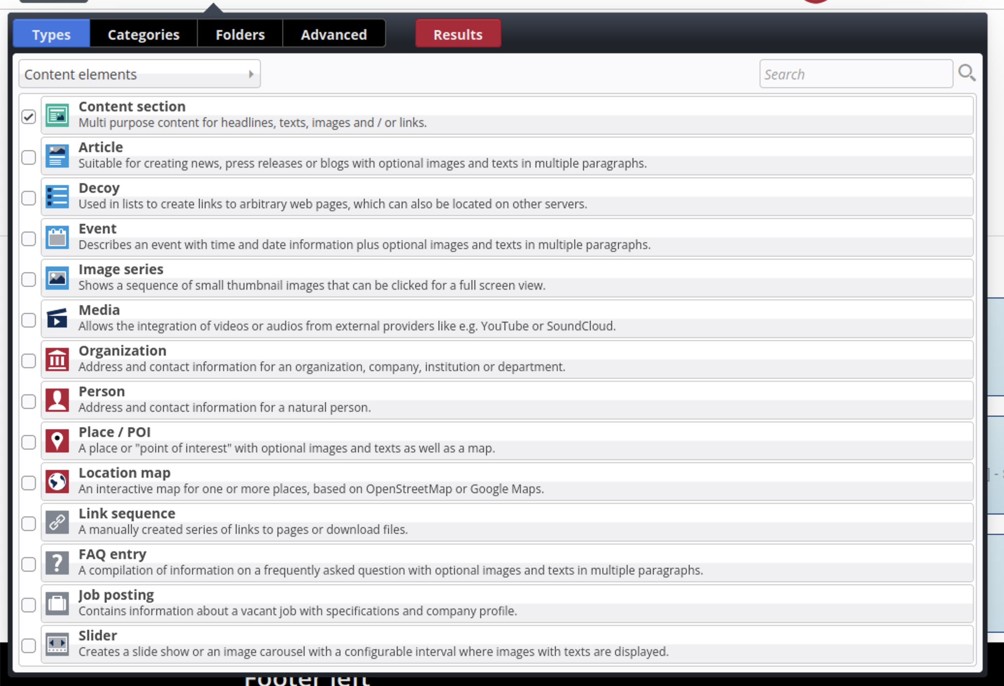 Selection of content types